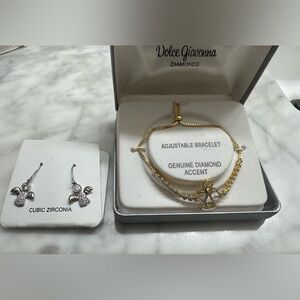 Dolce Giavonna Gold Angel Adjustable Bracelet and Silver Angel Earrings